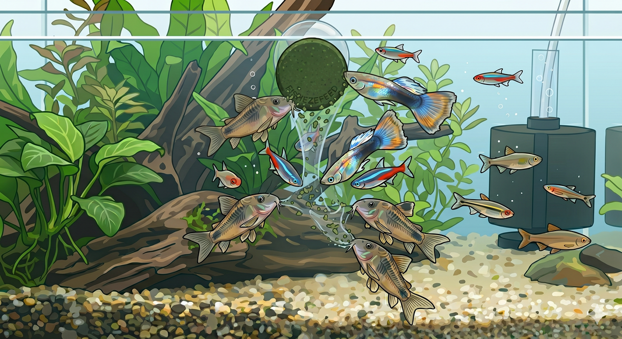 Graphic showing feeding with catfish pills pressed onto the glass